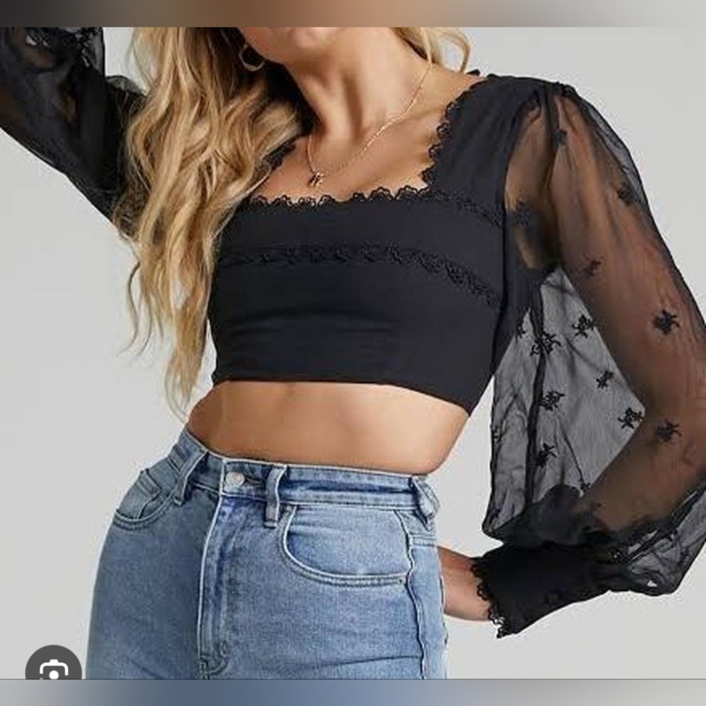 Seven Wonders Black Sheer Sleeve Crop Top